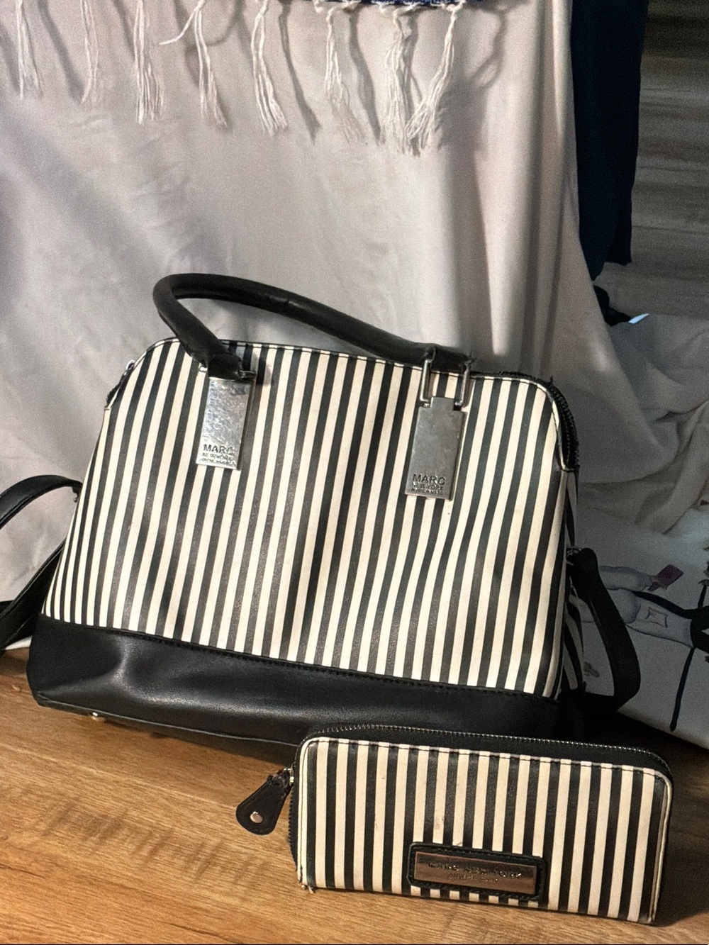 Marc Jacobs Black and White Striped Dome Satchel with Matching Zip Wallet